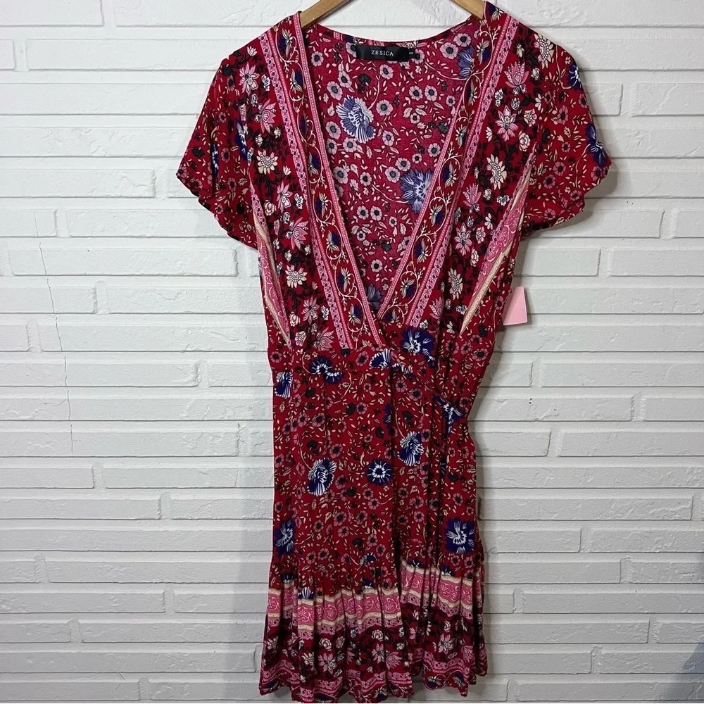 Zesica Red Floral Flowy Bohemian Wrap Mini Dress, Women’s Size Small